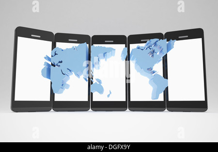 several smart phones with the world map on them Stock Photo