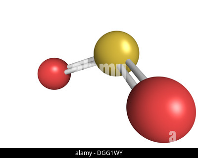 Chemical structure of sulfur dioxide (sulphur dioxide, SO2) gas, molecular model. SO2 (E220) is also used in winemaking Stock Photo