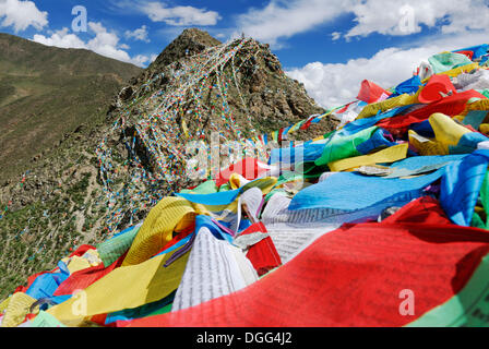 Prayer flags, Yumbulagang Fortress, Yarlung Valley, Tsetang, Tibet, China, Asia Stock Photo