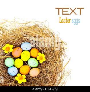 Border of Easter colorful eggs in the nest, festive traditional food for spring Christian holiday, colorful still life Stock Photo