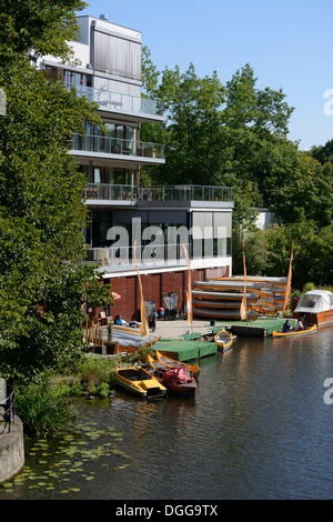 Boat rental on Isebek canal, Eppendorfer Baum, Hamburg, Hamburg, Germany Stock Photo