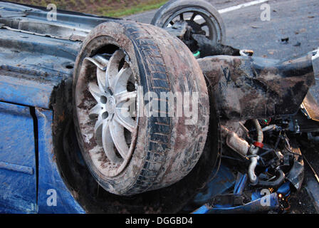 Severe accident on the B14 road, the tires of the car were almost blank, Waiblingen, Baden-Wuerttemberg Stock Photo