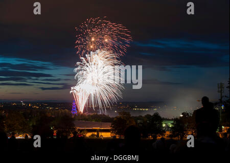 Illuminated Killesbergturm look-out and fireworks at the Festival of Lights, Stuttgart, Baden-Wuerttemberg Stock Photo