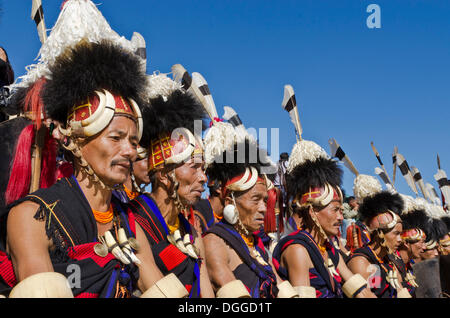 Konyak warriors fully decorated at Hornbill Festival, Kohima, India, Asia Stock Photo