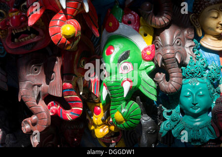 Wooden masks sold as souvenirs in Durbar Square, Kathmandu Valley, Kathmandu, Kathmandu District, Bagmati Zone, Nepal Stock Photo