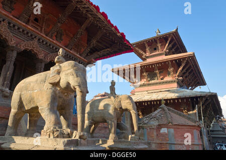 Stone guardian elephants on Patan Durbar Square, Patan, Lalitpur District, Bagmati Zone, Nepal Stock Photo
