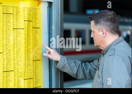 Man checking the timetable for a train departure, Duesseldorf, North Rhine-Westphalia Stock Photo