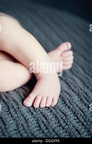 Baby boy's feet on grey blanket, close up Stock Photo