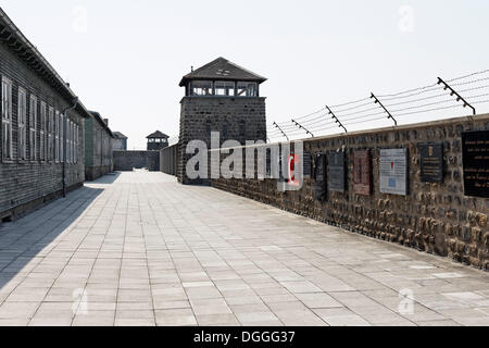 Camp walls and watchtower, Mauthausen Concentration Camp, Perg, Upper Austria, Austria, Europe Stock Photo