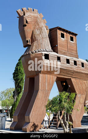 Replica of a Trojan horse at the entrance to the archaeological site of Troy, Truva, Canakkale, Marmara, Turkey, Asia Stock Photo