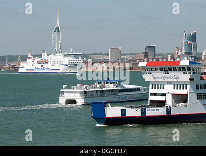 Brittany Ferries ship, the Mont St. Michel,  sails from Portsmouth, England, for France, passing in front of the Spinnaker Tower Stock Photo