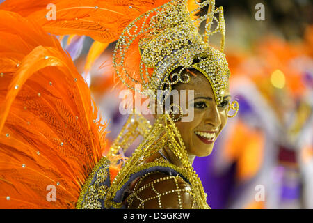 Samba dancer, parade of the Academicos do Salgueiro samba school during the Carnival in Rio de Janeiro 2013 celebrations