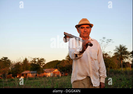 Peasant farmer, 70, standing with a hoe on a field, Pastoreo, Caaguazú Department, Paraguay Stock Photo