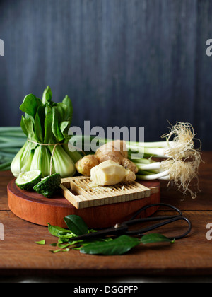 Bok choy, kaffir lime, ginger, shallots, spring onions Stock Photo