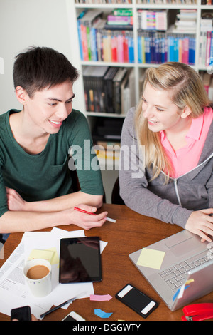 Students working on laptop, high angle Stock Photo