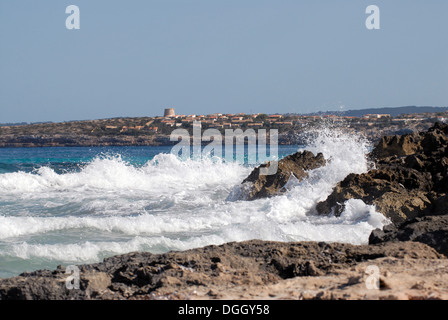 Strong sea and yellow flag in Levante beach - Playa de Llevant -, Formentera Stock Photo