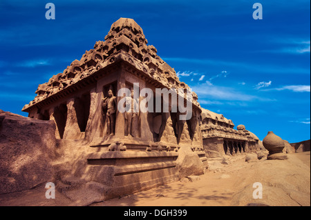 Panch Rathas Monolithic Hindu Temple in Mahabalipuram. Great South Indian architecture. South India, Tamil Nadu, Mahabalipuram Stock Photo