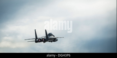 A U.S. Air Force F-15E Strike Eagle takes off at Mountain Home Air Force Base, Idaho, Oct. 16, 2013. The flight was part of Mountain Roundup, a massive multi-service, multi-national exercise. Stock Photo