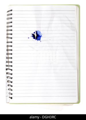 used blank note book with ring binder and inkblot isolated on white. Stock Photo