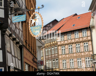 Old houses and placard of an antiquariat in Braunschweig, Niedersachsen, Germany, on May 4, 2011. Stock Photo