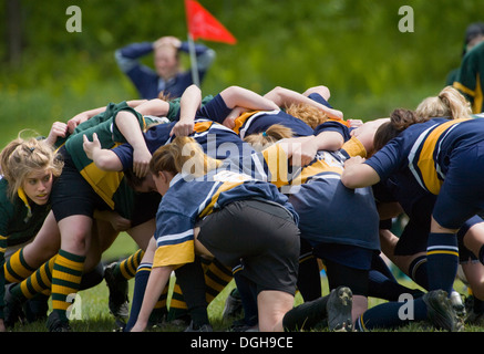 girls in rugby scrum Stock Photo