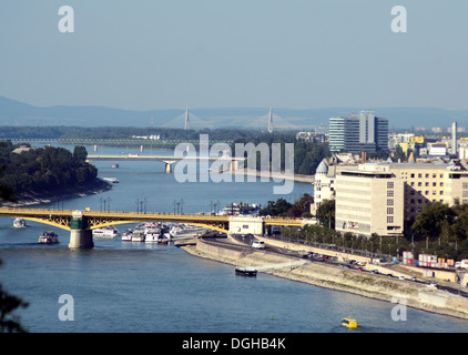 Panoramic view of Danube with Margaret bridge and Arpad bridge in distance Stock Photo