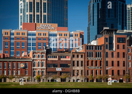 Historic brick buildings line the waterfront in downtown Nashville Tennessee, USA Stock Photo