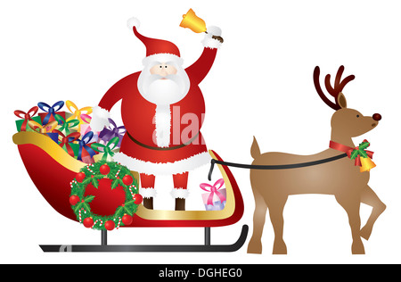 Santa Claus Ringing Bell in Sleigh Pulled by Reindeer Delivering Wrapped Presents Isolated on White Background Illustration Stock Photo