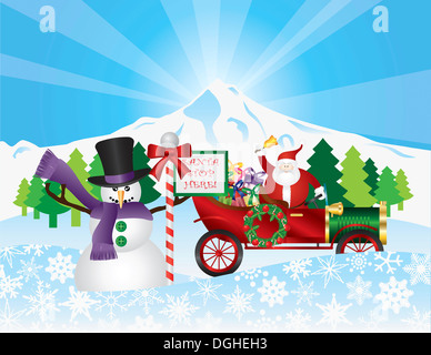 Santa Claus on Vintage Car with Winter Snow Scene with Snowman Trees and Stop Sign Illustration Stock Photo