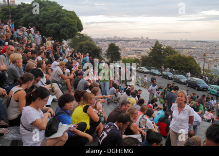 Paris France,18th arrondissement,Montmatre,Rue du Cardinal Dubois,view from La Basilique du Sacré-Coeur,Sacred Heart,Roman Catholic,church,crowd,city Stock Photo