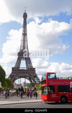 Paris France,7th arrondissement,Parc du Champ de Mars,Avenue Joseph Bouvard,Eiffel Tower,double decker bus,coach,charter,red,France130819129 Stock Photo