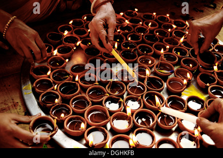 Lamp Lighting, Candles, Indian Mythology, Oil Lamps, Hands, Diya Stock Photo