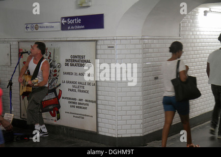 Paris France,Europe,French,1st arrondissement,Chatelet Metro Station Line 11,adult adults man men male,musician,singer guitarist,playing,performing,ti Stock Photo