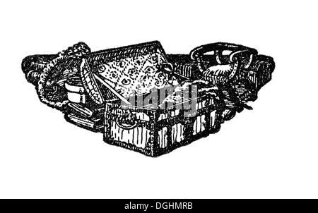 Chest and household items, historical illustration from: Emmi Conradi-Stahl, Wie Gritli haushalten lernt, Gritli learns how to Stock Photo