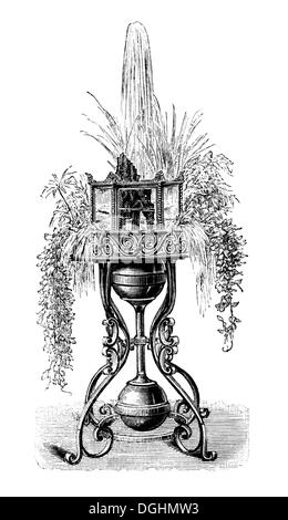 Flower table with an automatic fountain and an octagonal aquarium, historical illustration, Theodor Lange Stock Photo