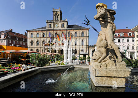 Marktplatz square with a fountain and the Town Hall, Weimar, Thuringia, Germany Stock Photo