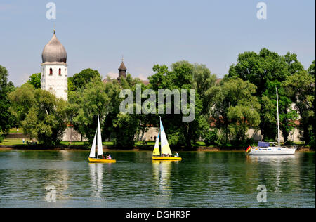 Sailing boats in front of the tower of the Benedictine Monastery dating from the 8th Century on Fraueninsel, Women's Island Stock Photo