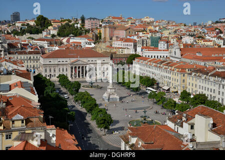 View over Rossio Square or Praca Dom Pedro IV, with Teatro Dona Maria II National Theatre, Lissabon, Portugal, Europa, Lisbon Stock Photo