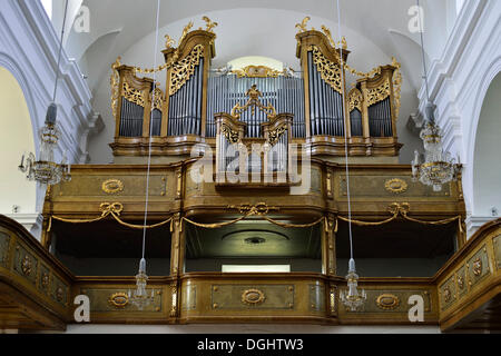 Restored Baroque organ from 1796 in the Parish Church of Poysdorf, Poysdorf, Weinviertel, Lower Austria, Austria Stock Photo