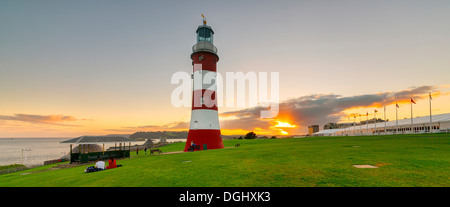Plymouth Hoe looking south towards the breakwater with Smeaton's Tower in the foreground. Stock Photo