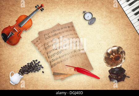 several music objects on a table Stock Photo