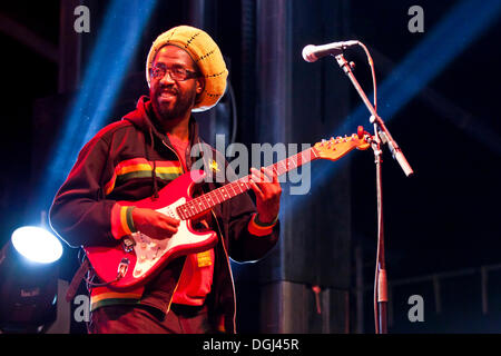 Guitarist of the Jamaican Reggae singer Max Romeo playing live at the Soundcheck open air festival in Sempach-Neuenkirch Stock Photo