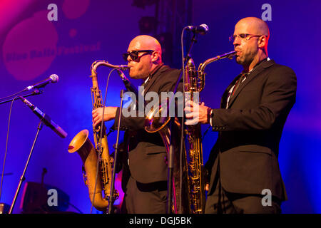 Saxophonists of the British indie rock band 'The Heavy' performing live at the Lucerne hall of the KKL, Blue Balls Festival Stock Photo
