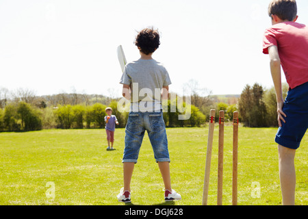 Boys playing cricket on field Stock Photo