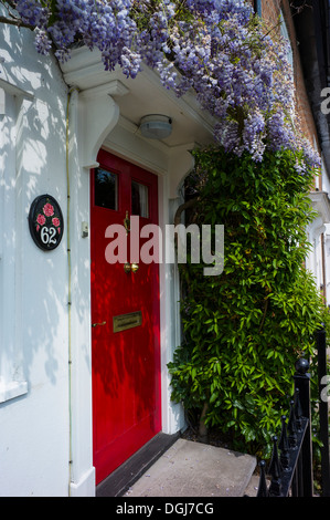 Front door of a house with wisteria growing over it. Stock Photo