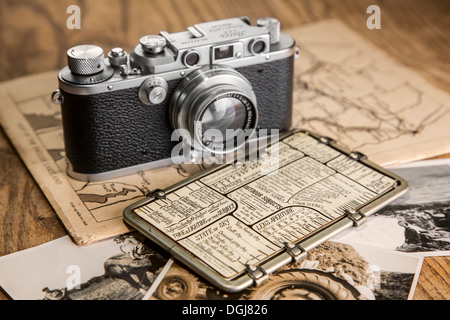 Vintage Leica camera and Kaufmann Posographe. Stock Photo