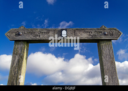 Offa's Dyke path sign written in English and Welsh. Stock Photo