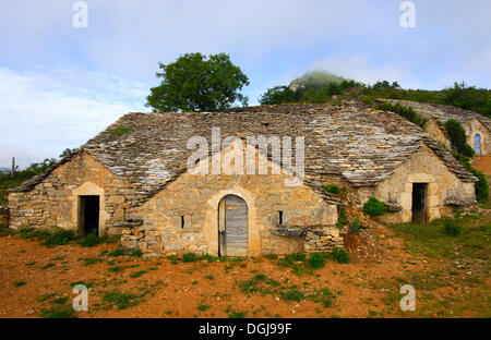 Abandoned half-subterranean wine cellar with natural stone roof in Entre-deux-Monts at Rivière-sur-Tarn, Aveyron, France Stock Photo