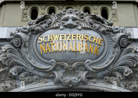 Lion medallion of Schweizerische Nationalbank, Swiss National Bank, over the main entrance, Bern, Switzerland, Europe Stock Photo