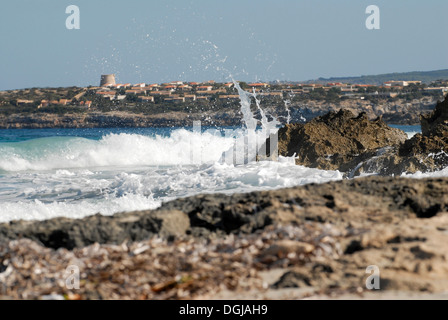 Strong sea and yellow flag in Levante beach - Playa de Llevant -, Formentera Stock Photo